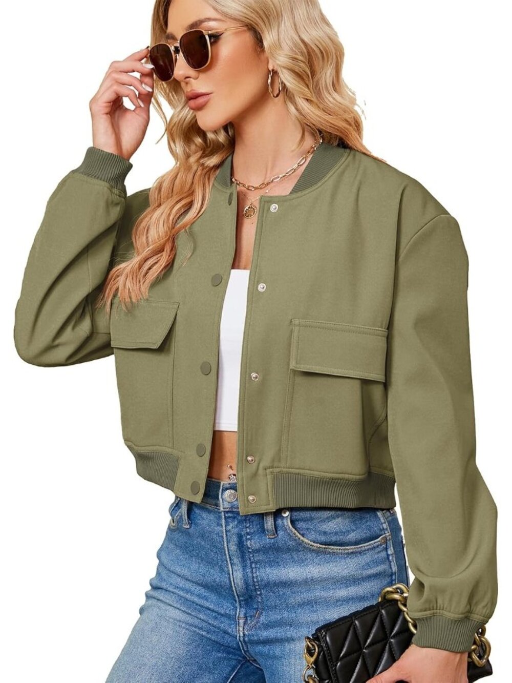 Women's Olive Structured Fit Flap Chest Pockets Cropped Varsity Bomber Jacket